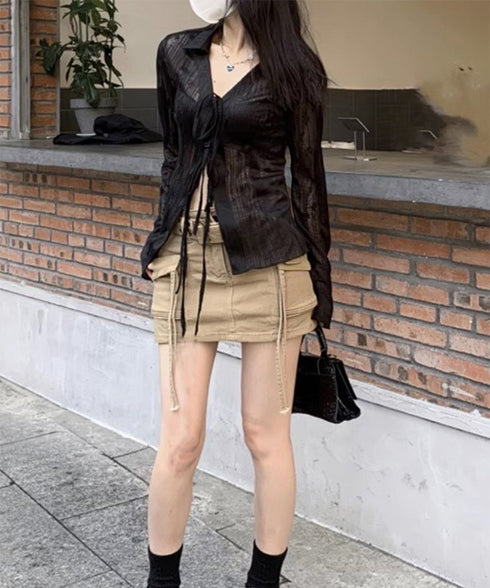 カーディガン 長袖 ボレロ 羽織り 薄手 レディース シアーシャツ 肌見せ 透け感 春夏トップス へそ出し UVケア 重ね着 カジュアル レイヤードコーデ リボン 77JCHU-001